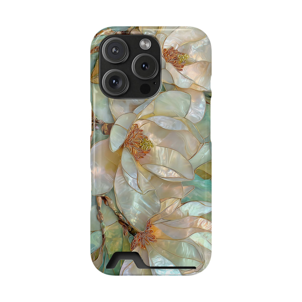 Pearl Magnolia phone case with card holder for iPhone 16 Pro, glossy finish