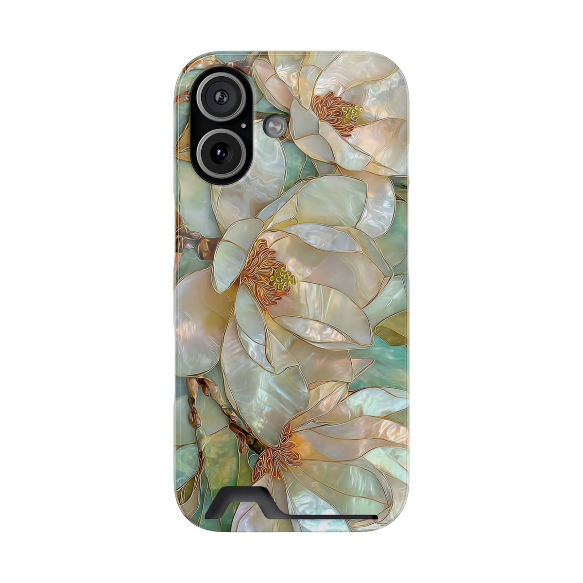 Pearl Magnolia phone case with card holder for iPhone 17, glossy finish