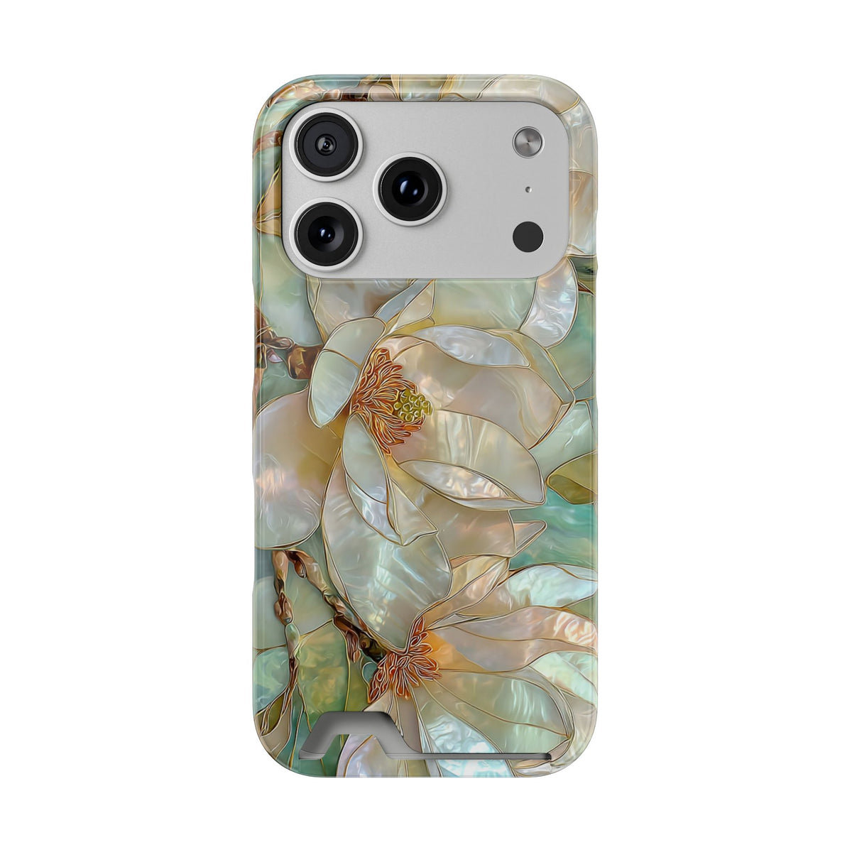 Pearl Magnolia phone case with card holder for iPhone 17 Pro, glossy finish