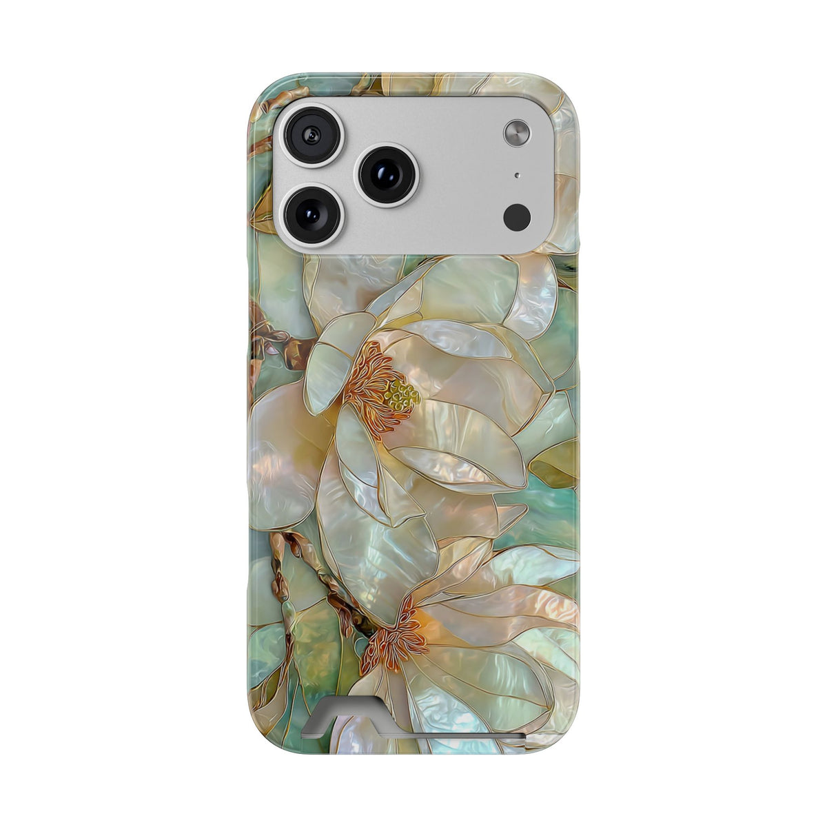 Pearl Magnolia phone case with card holder for iPhone 17 Pro Max, glossy finish