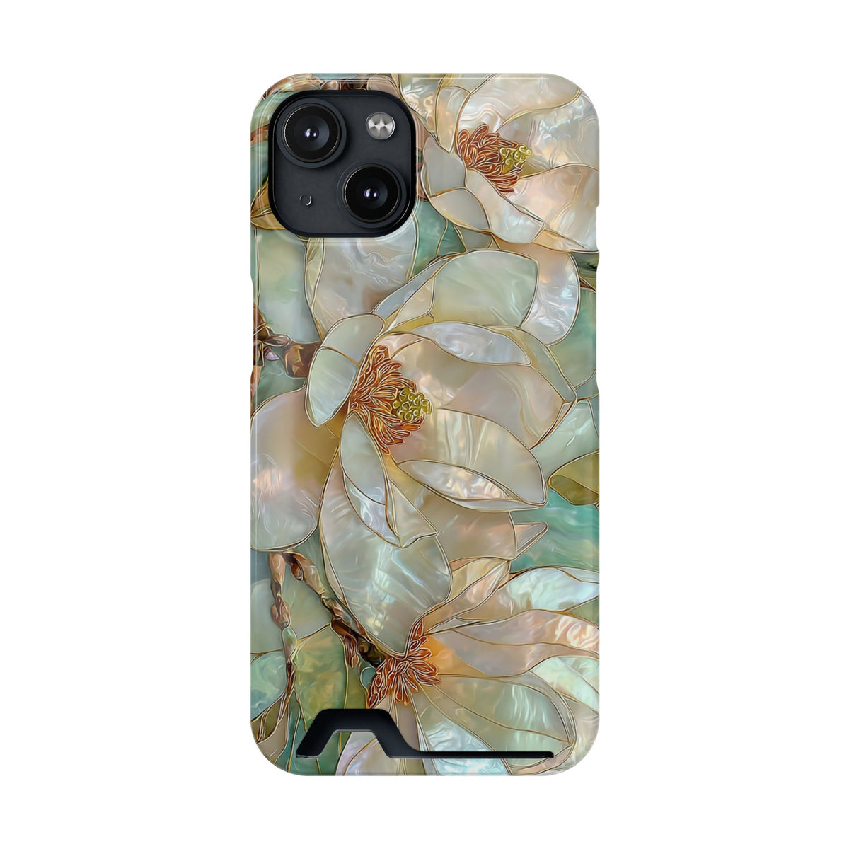 Pearl Magnolia phone case with card holder for iPhone 14, glossy finish