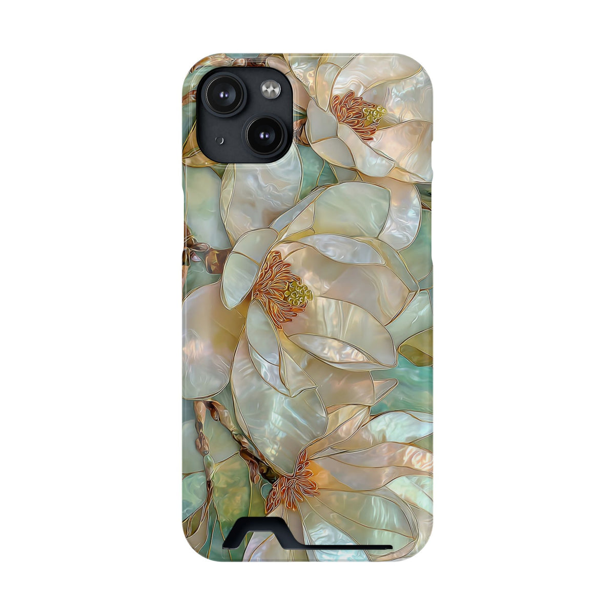 Pearl Magnolia phone case with card holder for iPhone 14 Plus, glossy finish
