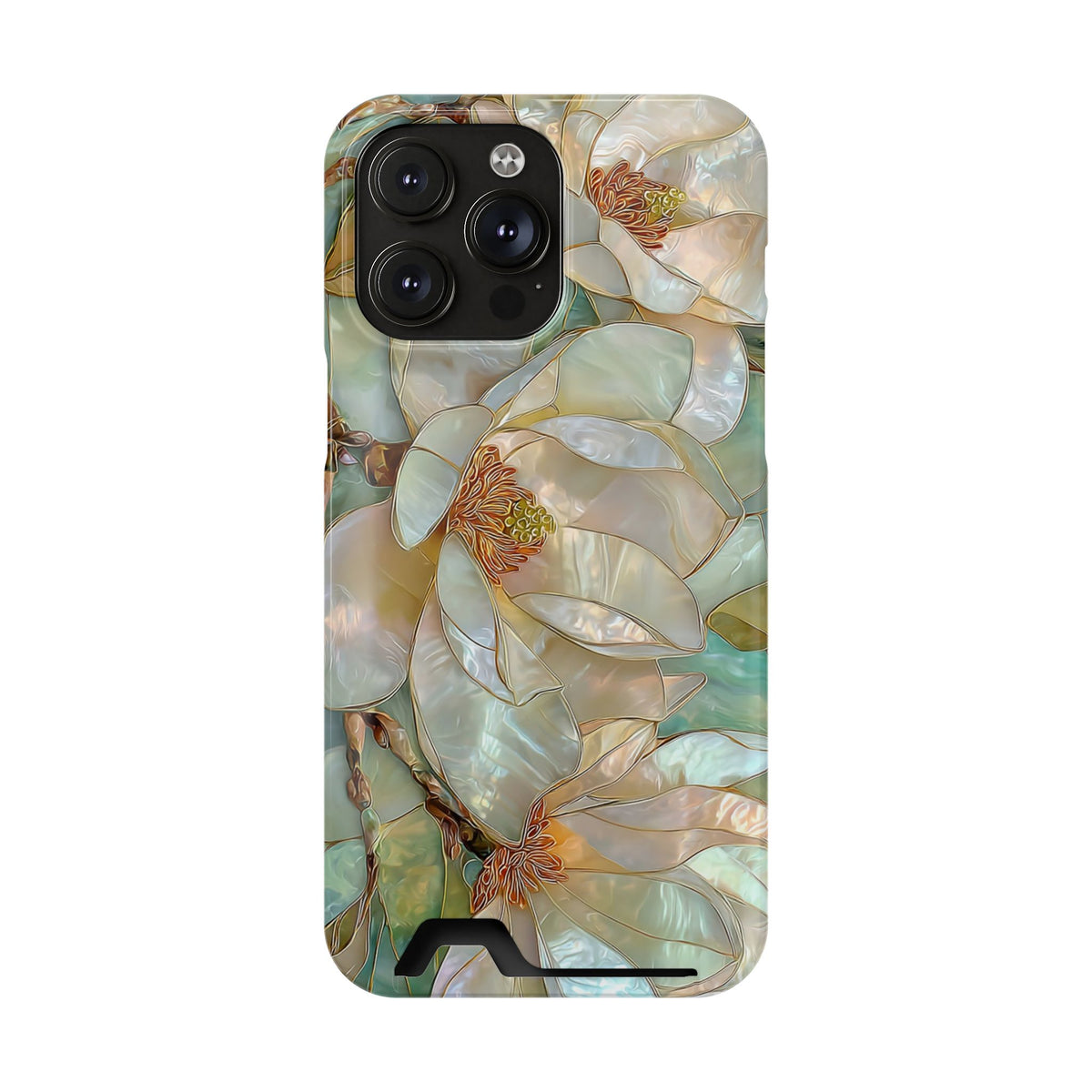 Pearl Magnolia phone case with card holder for iPhone 14 Pro Max, glossy finish
