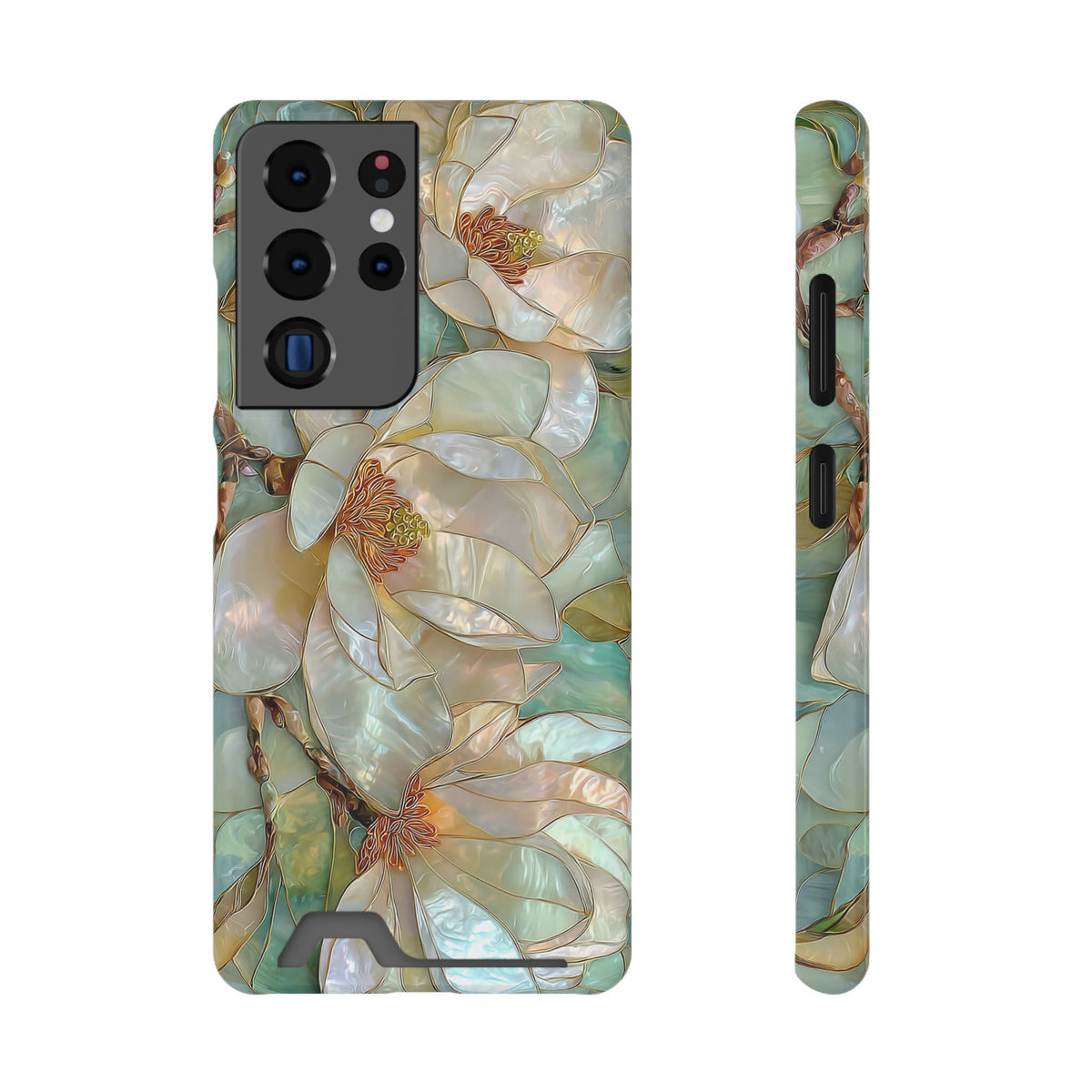 Pearl Magnolia phone case with card holder for Samsung Galaxy S22 Plus, glossy finish