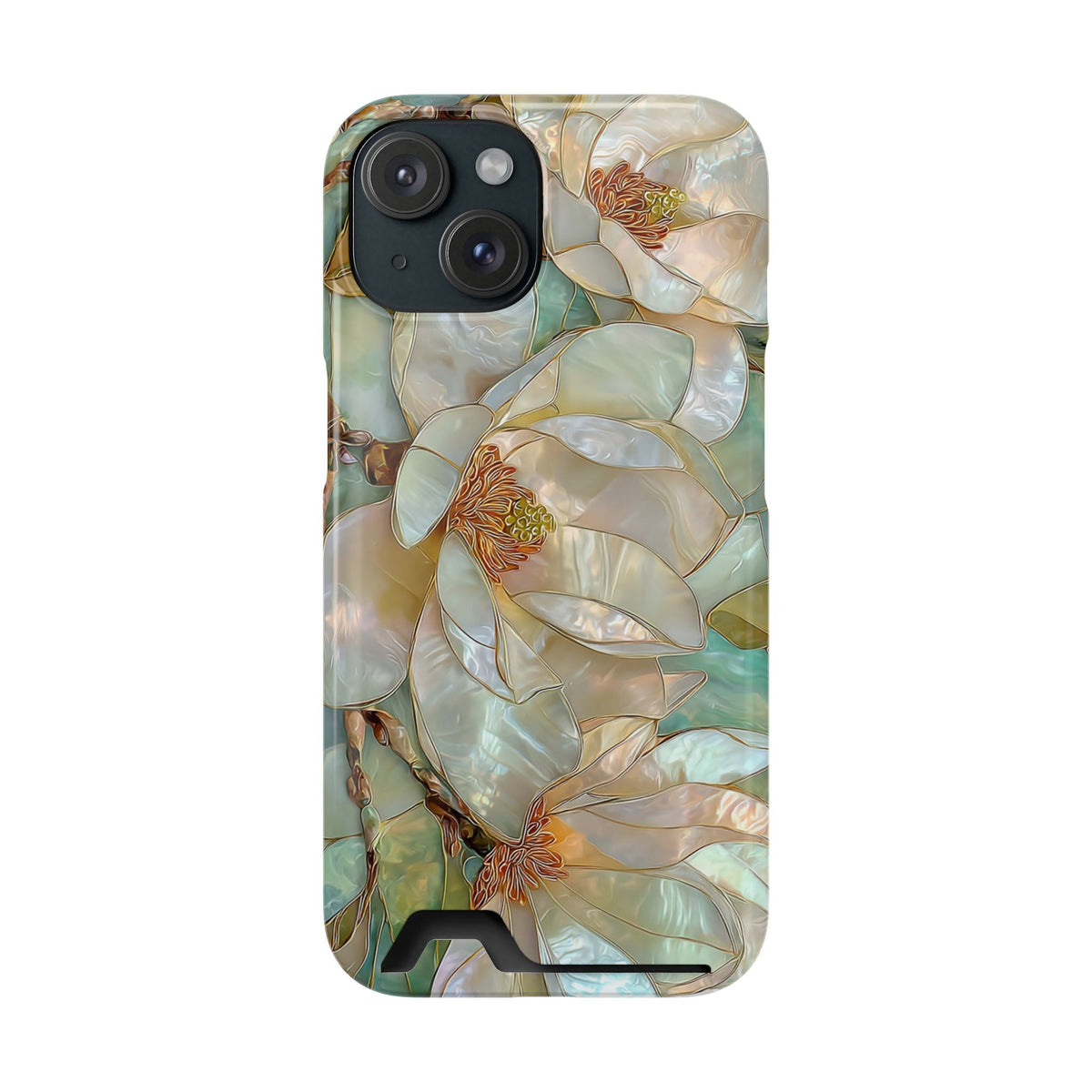 Pearl Magnolia phone case with card holder for iPhone 15, glossy finish