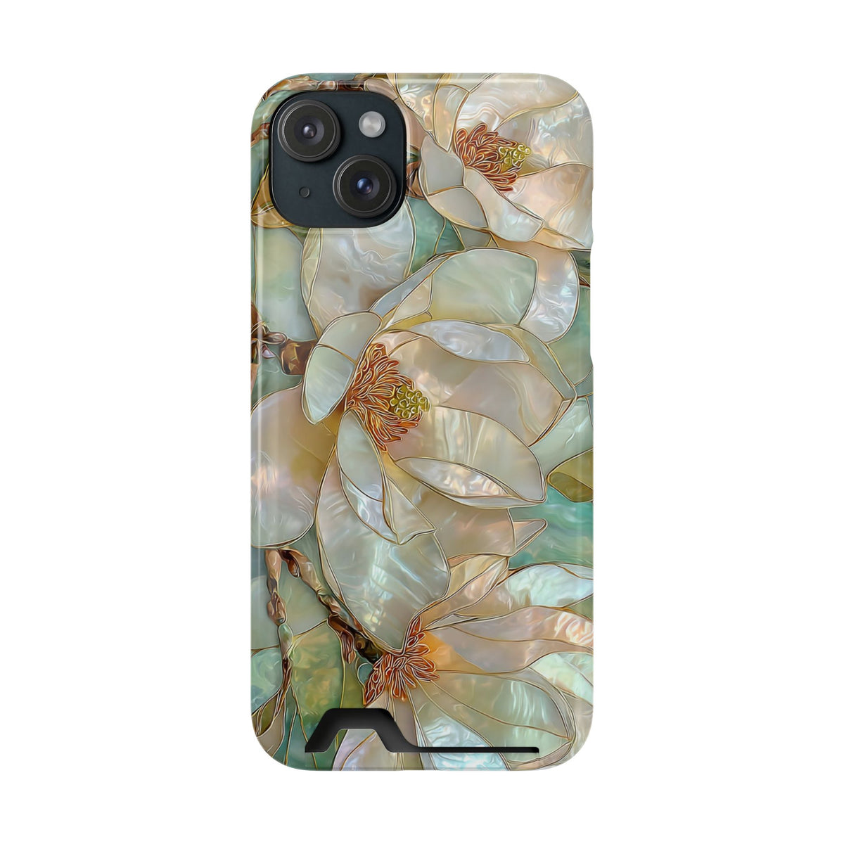 Pearl Magnolia phone case with card holder for iPhone 15 Plus, glossy finish