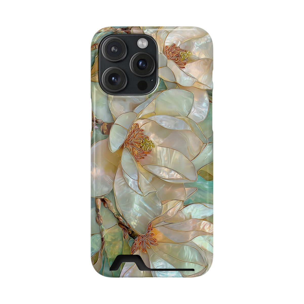 Pearl Magnolia phone case with card holder for iPhone 15 Pro Max, glossy finish