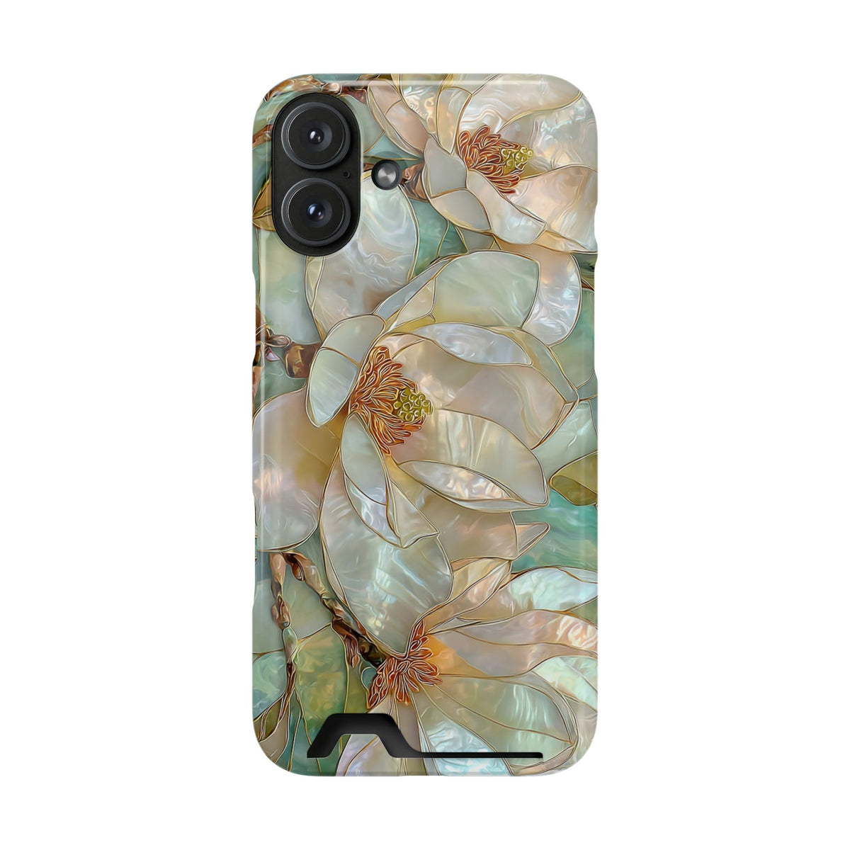 Pearl Magnolia phone case with card holder for iPhone 16 Plus, glossy finish