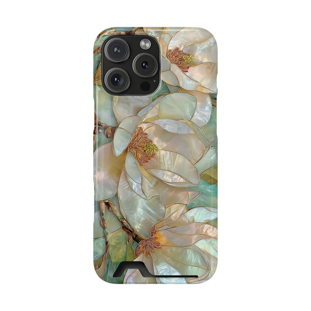 Pearl Magnolia phone case with card holder for iPhone 16 Pro Max, glossy finish