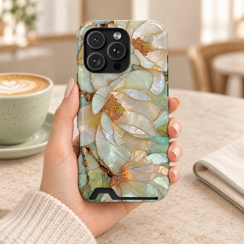 Pearl Magnolia phone case with card holder, pearly magnolias in soft teal and cream, lifestyle photo in hand with coffee