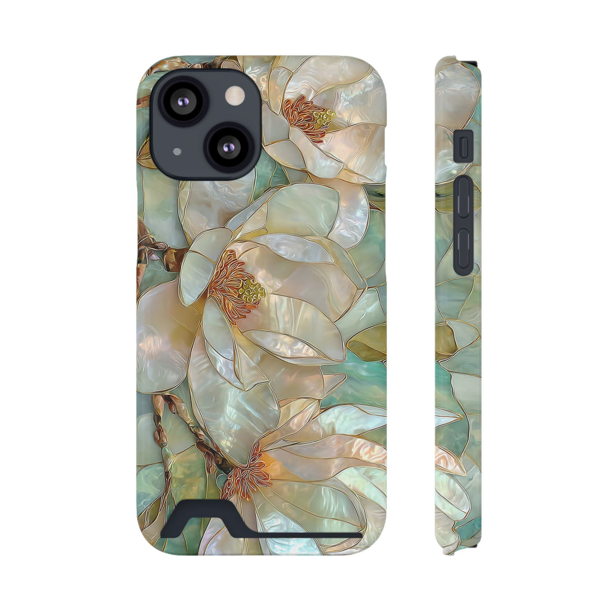 Pearl Magnolia phone case with card holder for iPhone 13 Mini, glossy finish