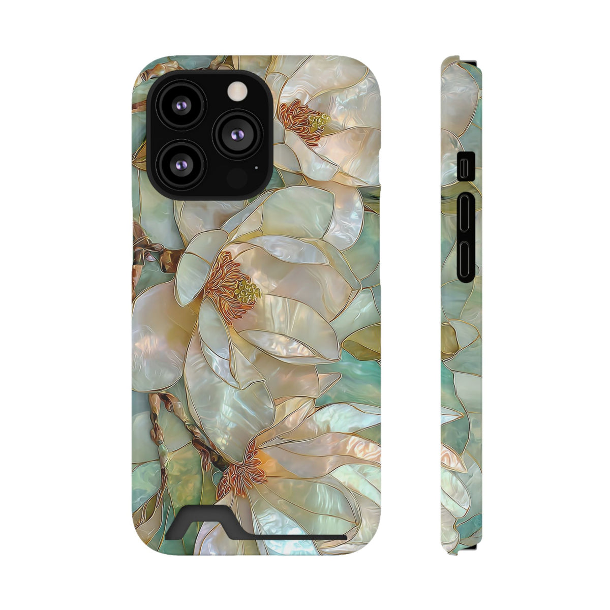 Pearl Magnolia phone case with card holder for iPhone 13 Pro, glossy finish