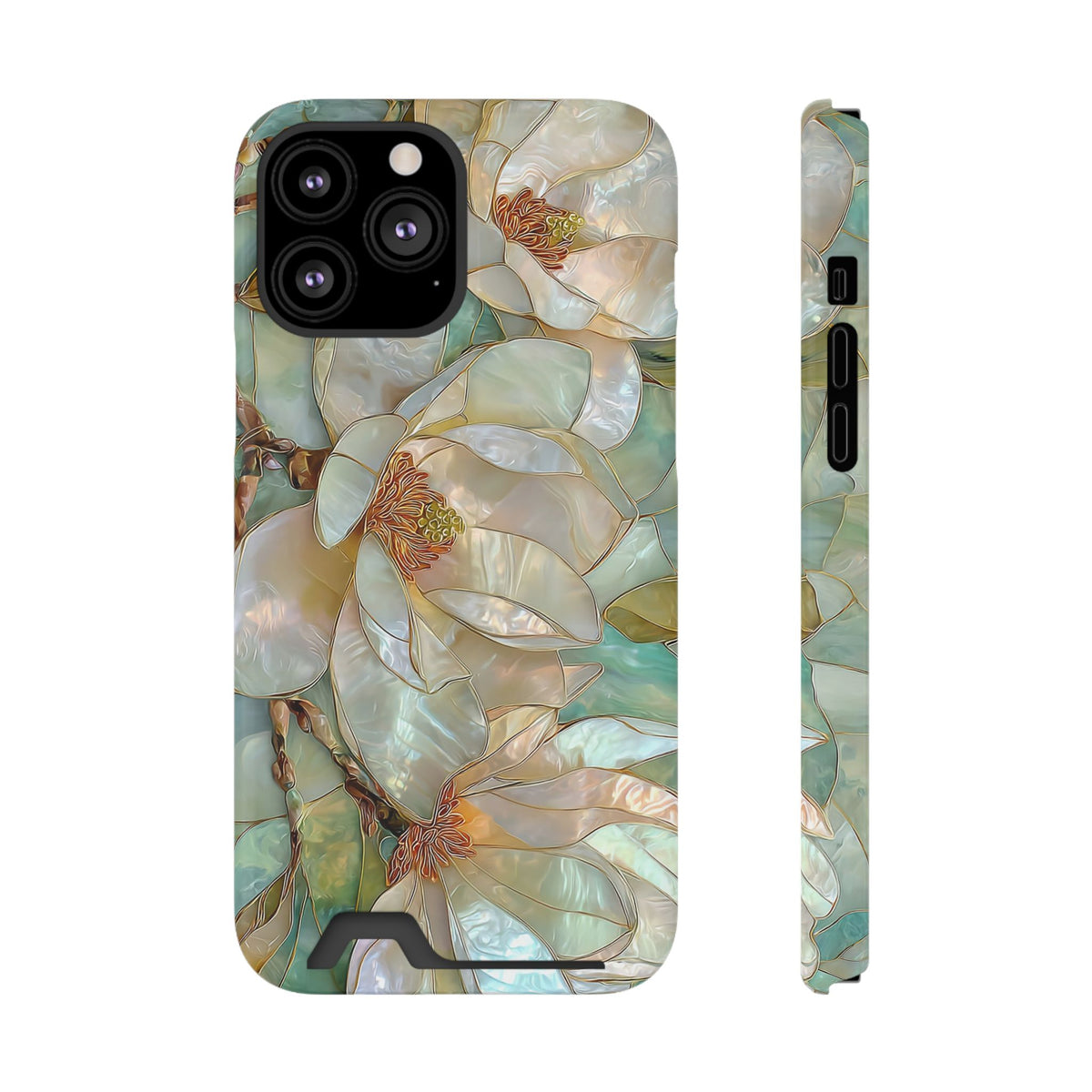 Pearl Magnolia phone case with card holder for iPhone 13 Pro Max, glossy finish