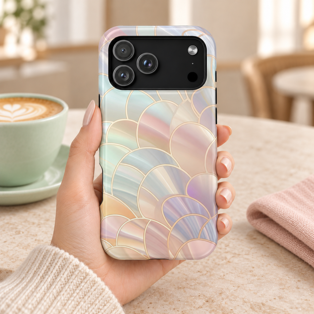 Pearl Scale protective phone case, iridescent mother-of-pearl scales with gold lines, lifestyle photo in hand with coffee