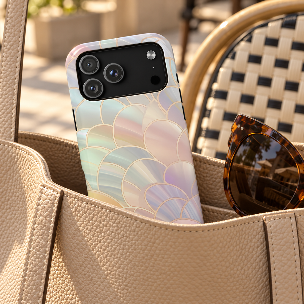 Pearl Scale MagSafe case, iridescent mother-of-pearl scales with gold lines, lifestyle photo in a handbag