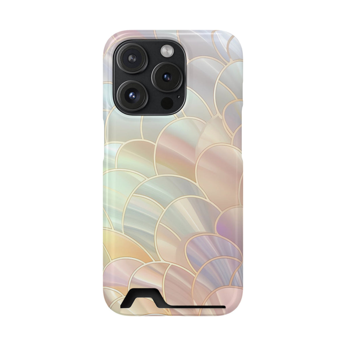 Pearl Scale phone case with card holder for iPhone 15 Pro, glossy finish