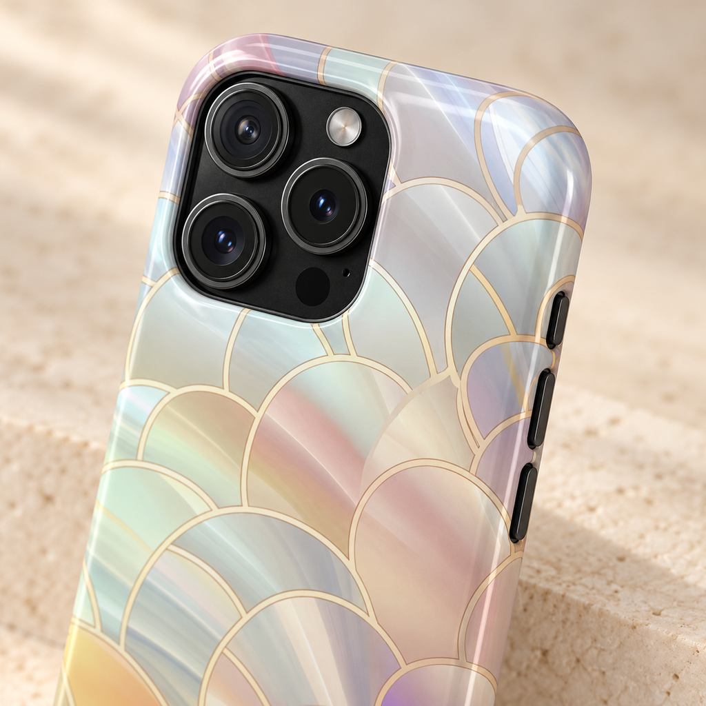 Pearl Scale phone case with card holder, iridescent mother-of-pearl scales with gold lines, lifestyle close-up of the camera