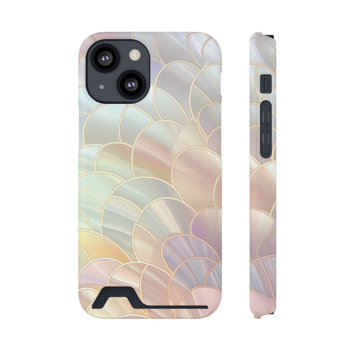 Pearl Scale phone case with card holder for iPhone 13 Mini, glossy finish