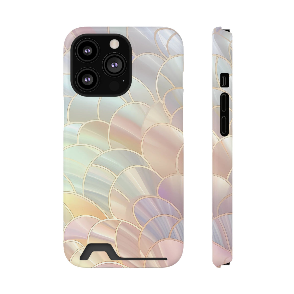 Pearl Scale phone case with card holder for iPhone 13 Pro, glossy finish