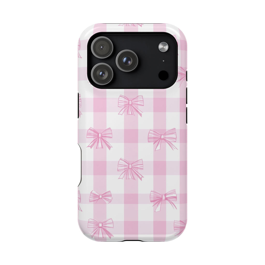 Pink Bow Gingham protective phone case for iPhone 18 Pro, glossy finish