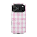 Pink Bow Gingham protective phone case for iPhone 18 Pro, glossy finish