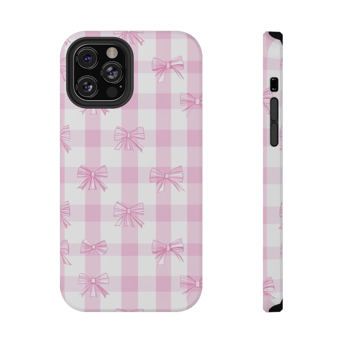 Pink Bow Gingham protective phone case for iPhone 12 Pro, glossy finish