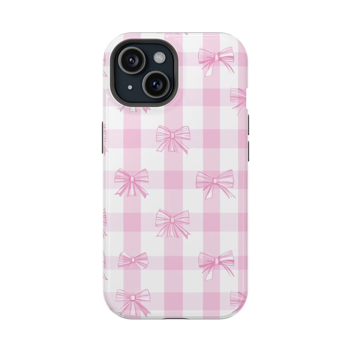 Pink Bow Gingham protective phone case for iPhone 15, glossy finish