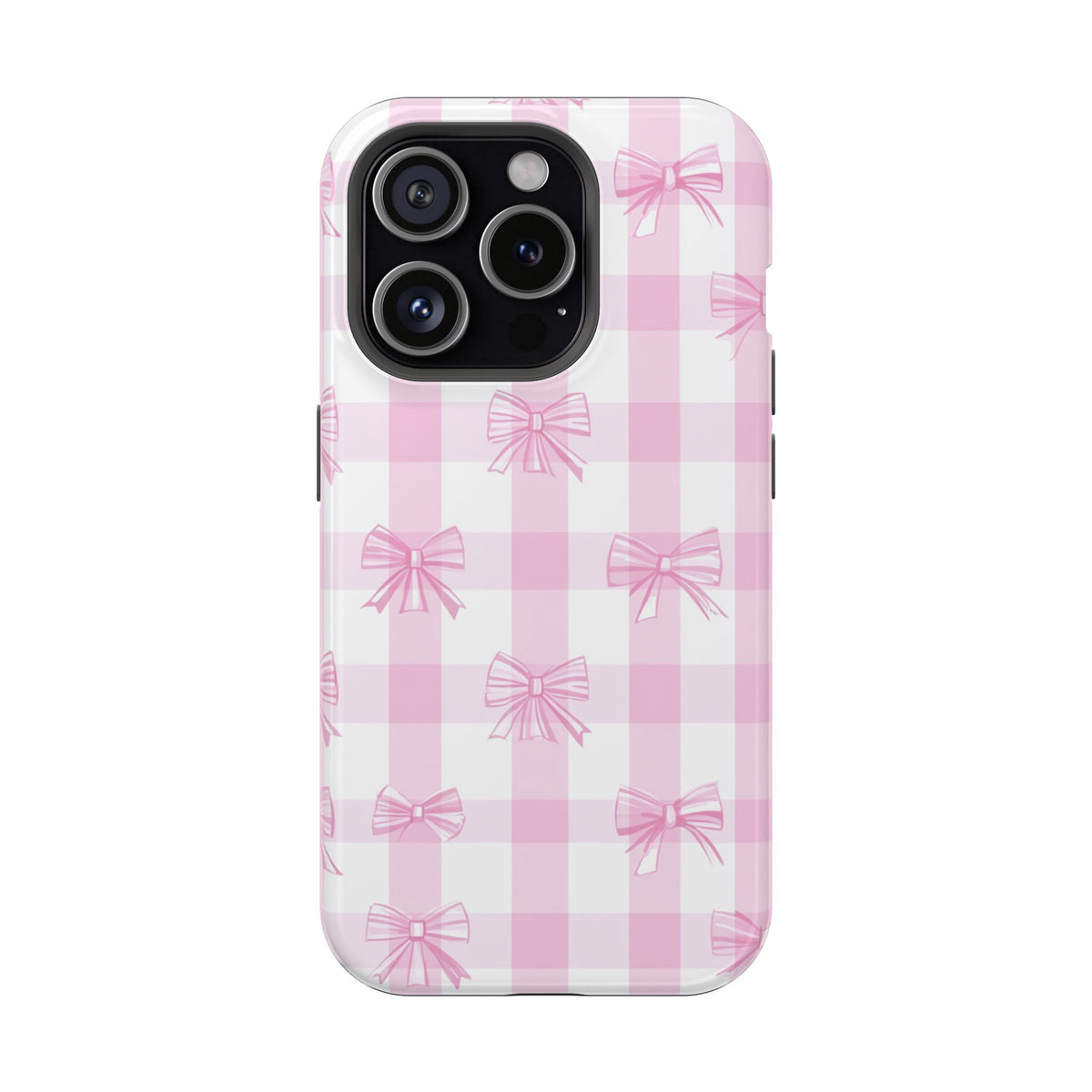 Pink Bow Gingham protective phone case for iPhone 15 Pro, glossy finish