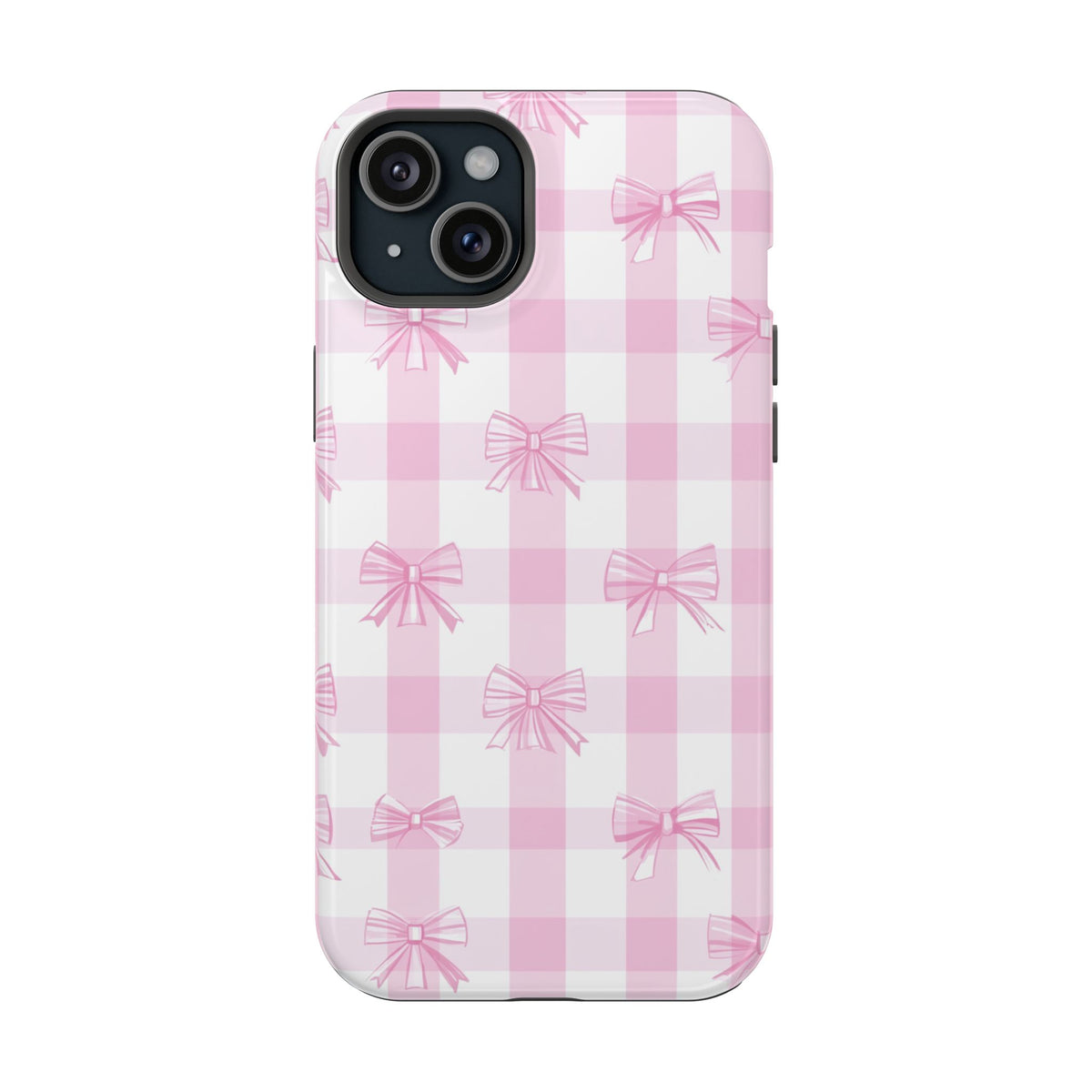 Pink Bow Gingham protective phone case for iPhone 15 Plus, glossy finish