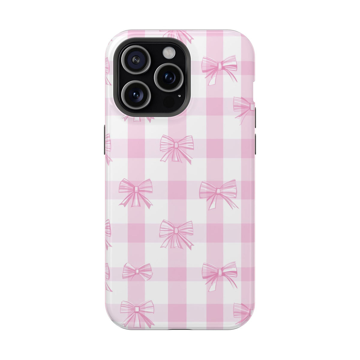 Pink Bow Gingham protective phone case for iPhone 15 Pro Max, glossy finish