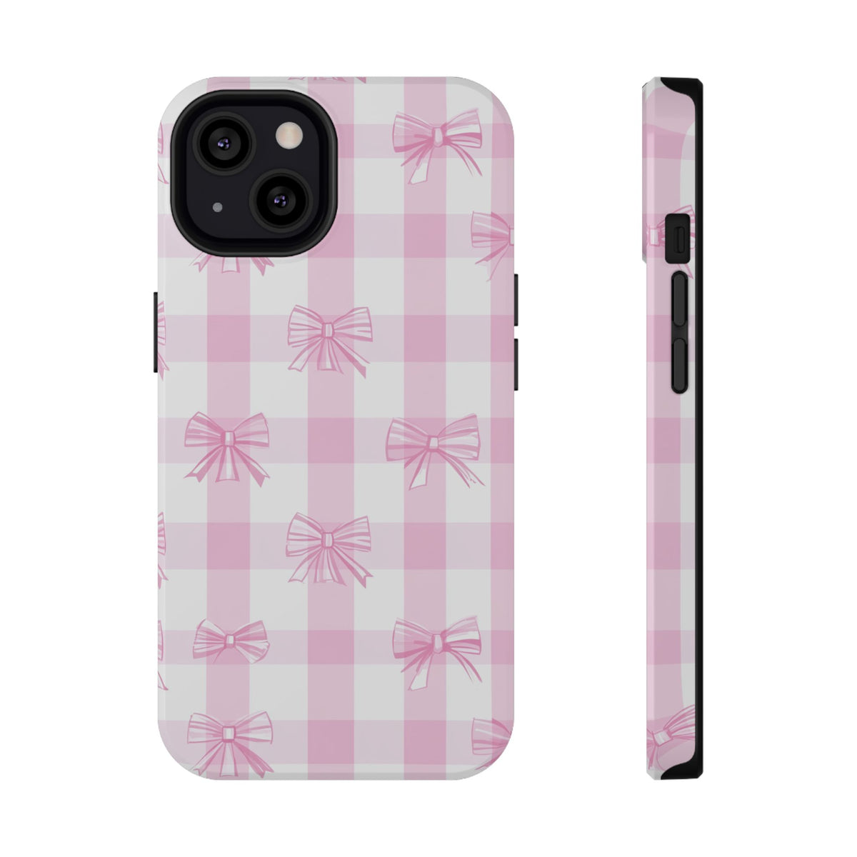 Pink Bow Gingham protective phone case for iPhone 13, glossy finish
