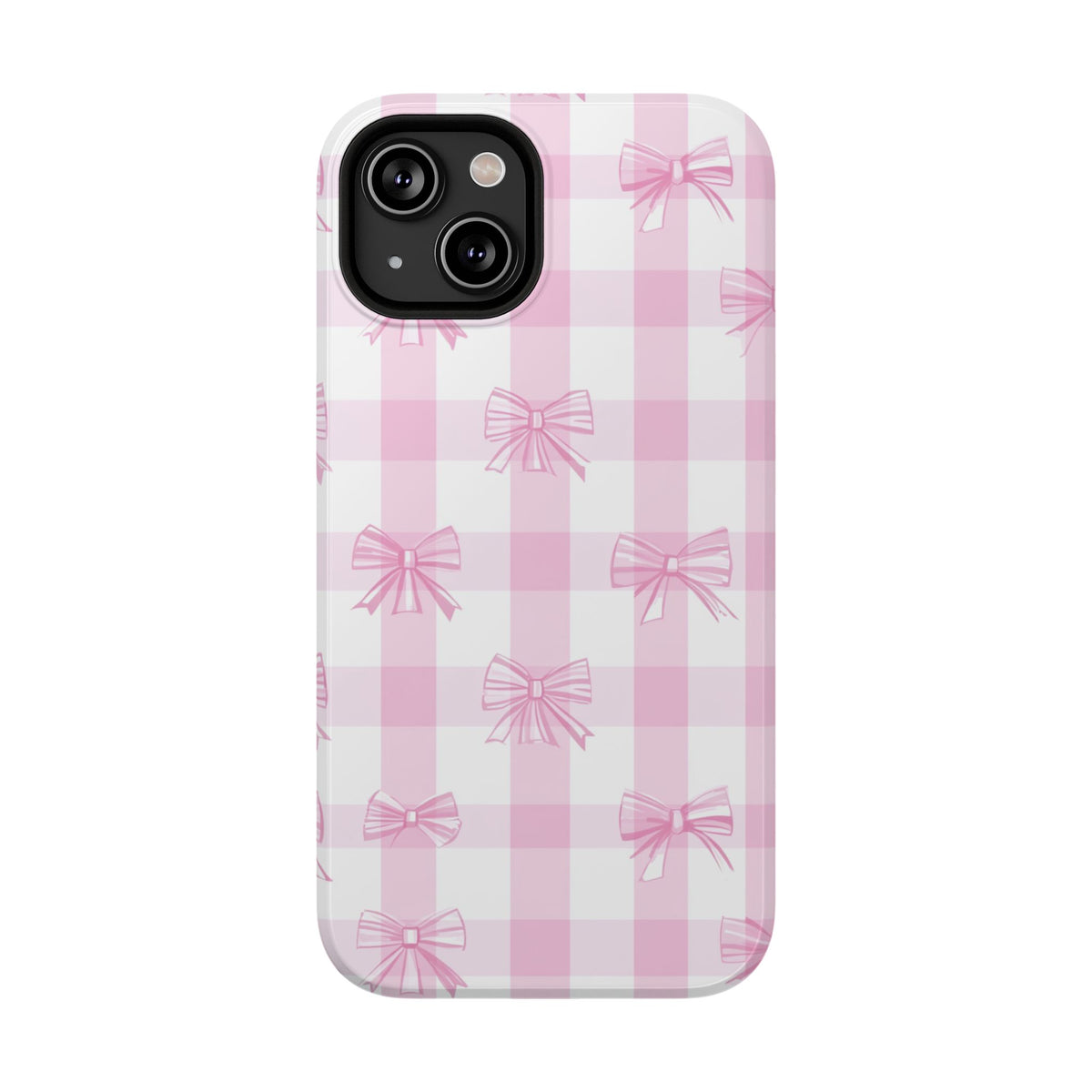 Pink Bow Gingham protective phone case for iPhone 14, glossy finish