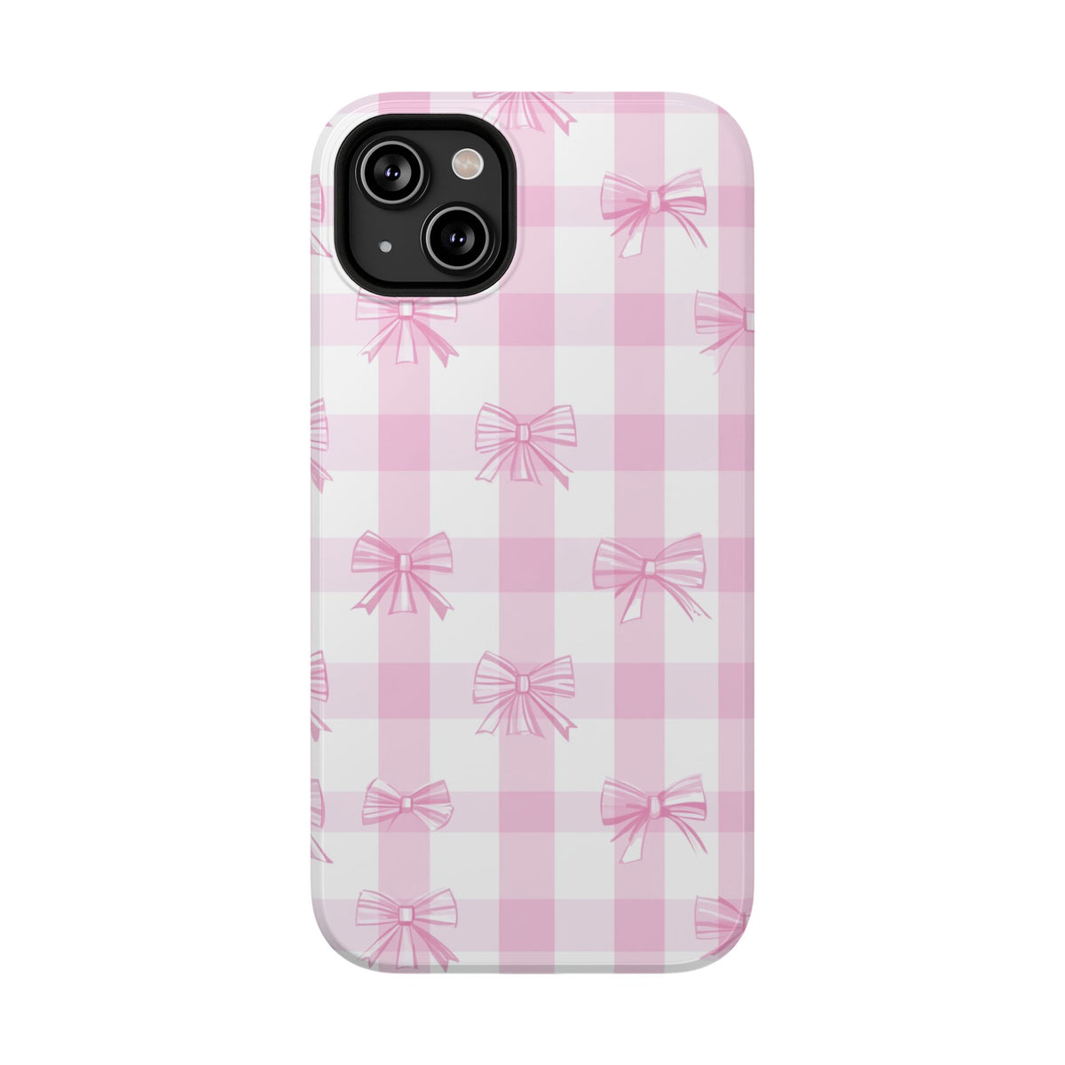 Pink Bow Gingham protective phone case for iPhone 14 Plus, glossy finish