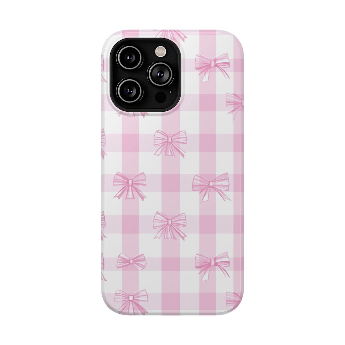 Pink Bow Gingham protective phone case for iPhone 14 Pro Max, glossy finish