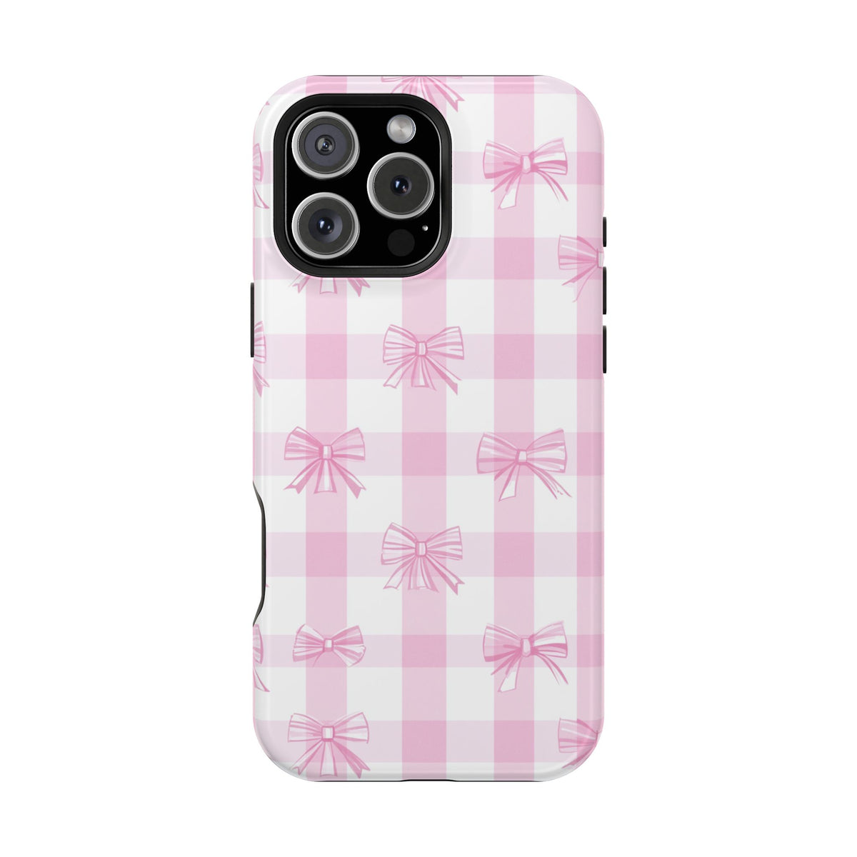 Pink Bow Gingham protective phone case for iPhone 16 Pro Max, glossy finish
