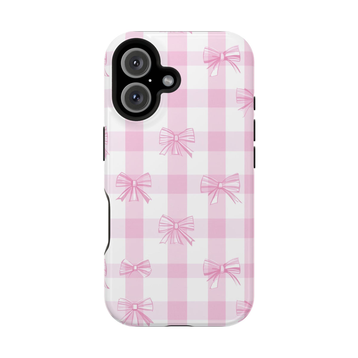 Pink Bow Gingham protective phone case for iPhone 16, glossy finish