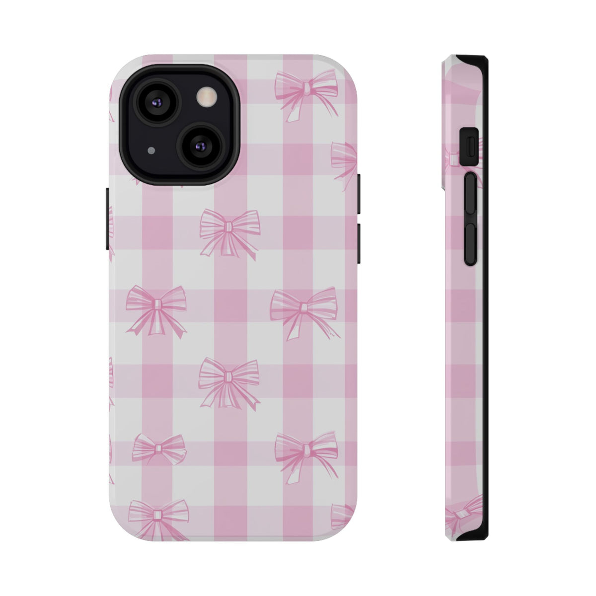Pink Bow Gingham protective phone case for iPhone 13 Mini, glossy finish