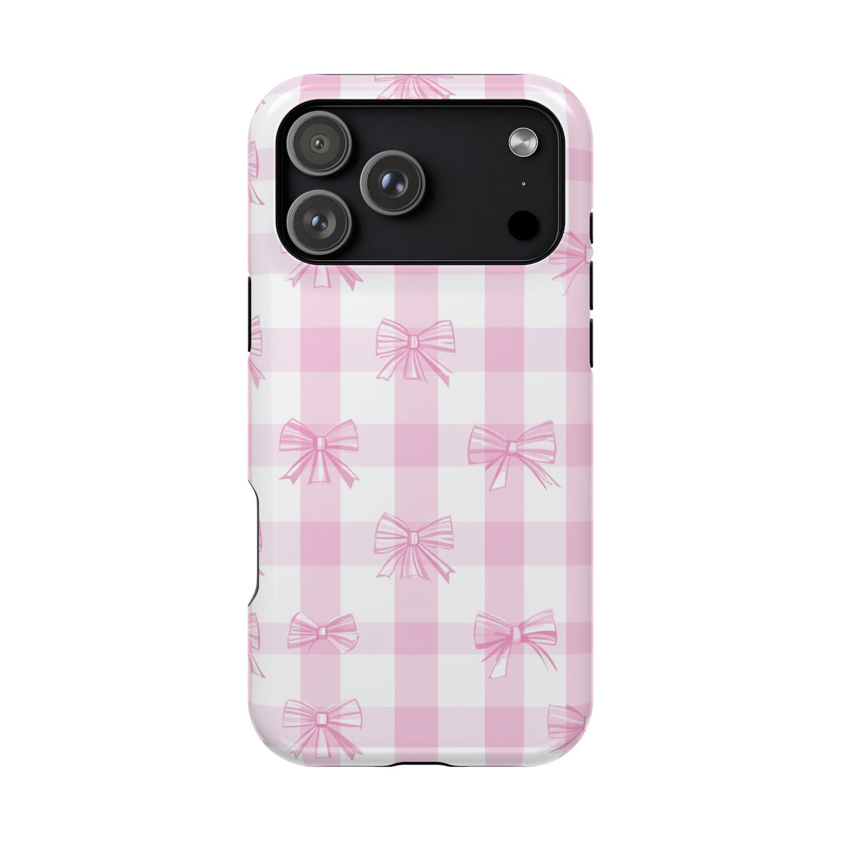 Pink Bow Gingham protective phone case for iPhone 17 Pro Max, glossy finish