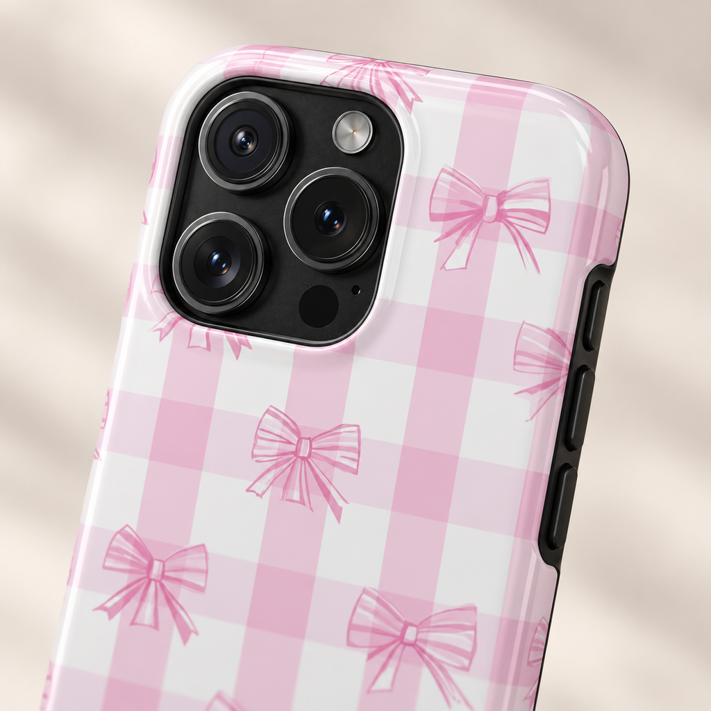 Pink Bow Gingham protective phone case, soft pink gingham with little pink bows, lifestyle close-up of the camera