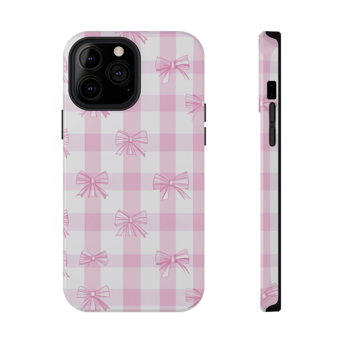 Pink Bow Gingham protective phone case for iPhone 13 Pro Max, glossy finish