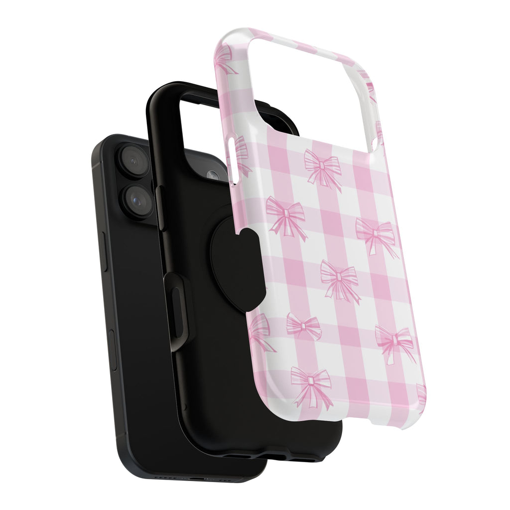 Pink Bow Gingham protective phone case, close-up of the dual-layer construction