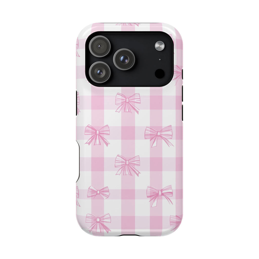 Pink Bow Gingham MagSafe case for iPhone 18 Pro, glossy finish
