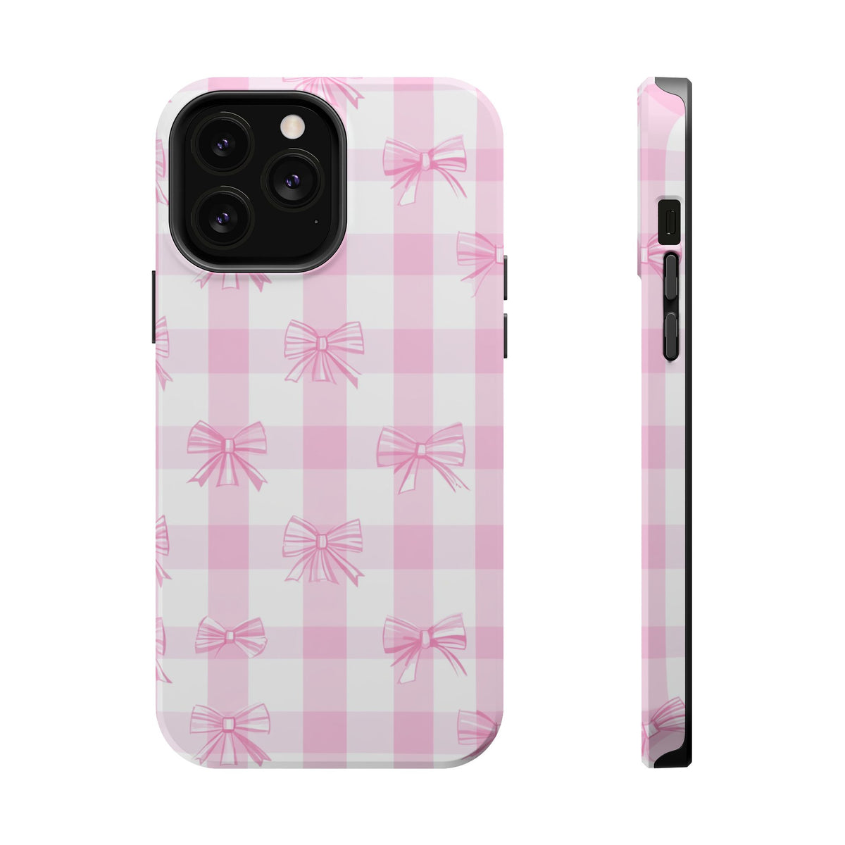 Pink Bow Gingham MagSafe case for iPhone 13 Pro Max, glossy finish