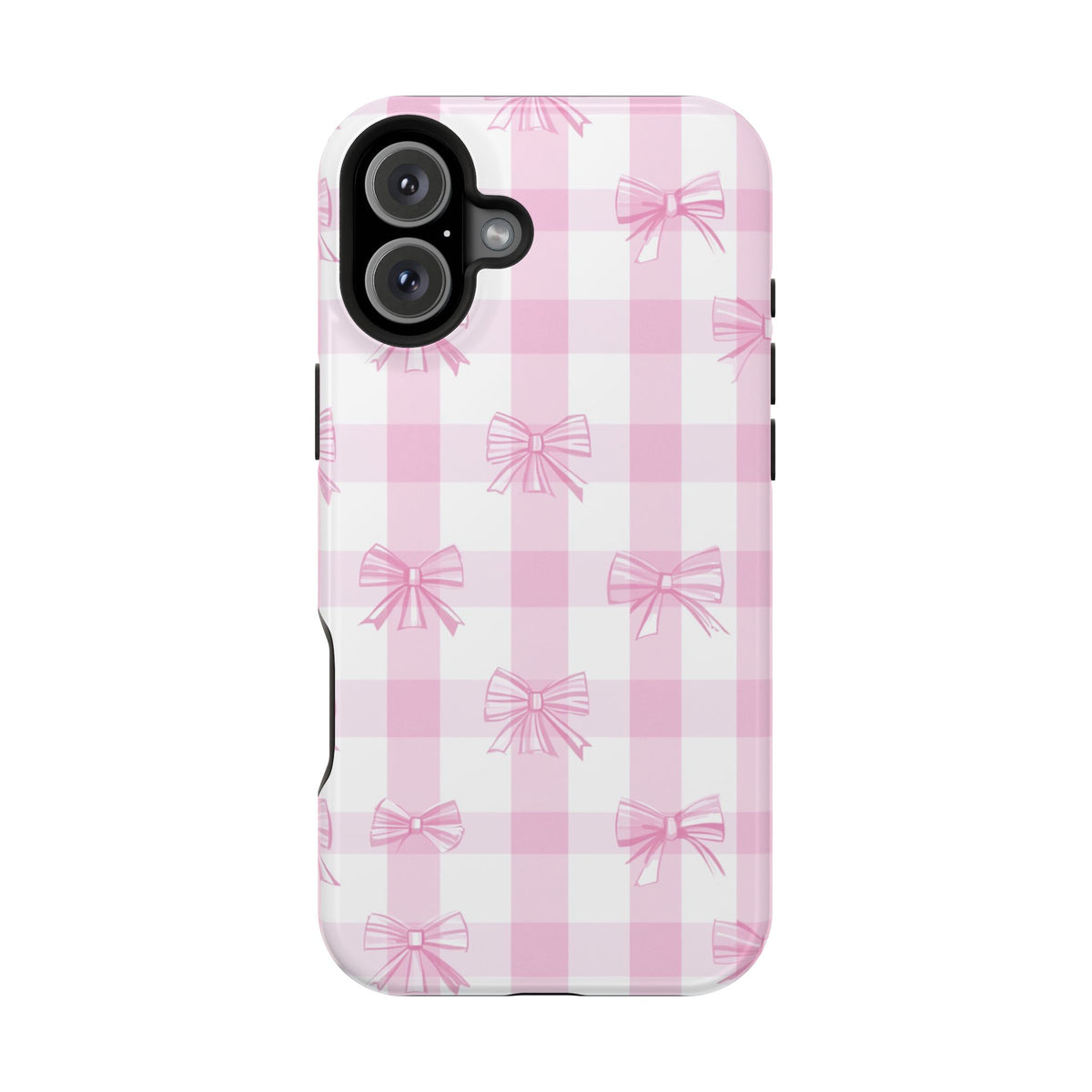 Pink Bow Gingham MagSafe case for iPhone 16 Plus, glossy finish