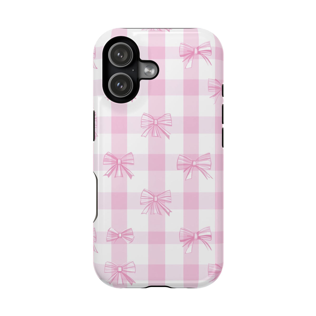 Pink Bow Gingham MagSafe case for iPhone 17, glossy finish