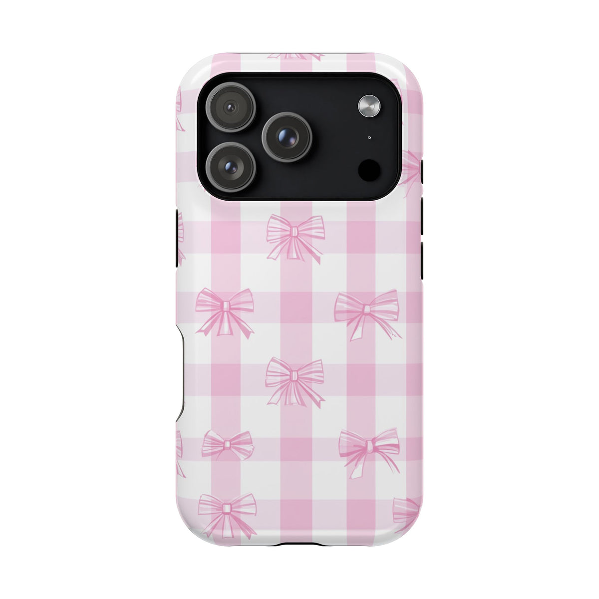 Pink Bow Gingham MagSafe case for iPhone 17 Pro, glossy finish