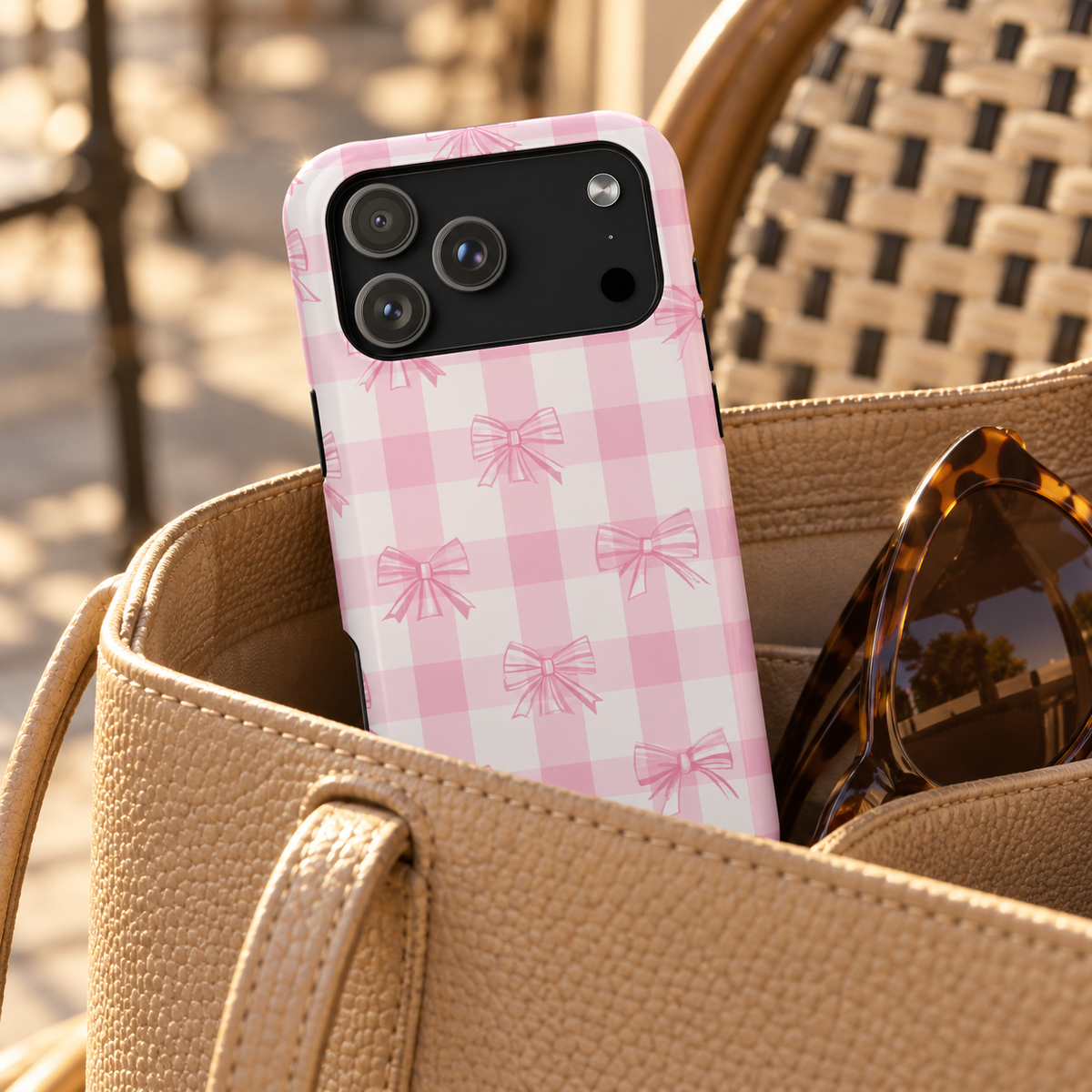 Pink Bow Gingham MagSafe case, soft pink gingham with little pink bows, lifestyle photo in a handbag