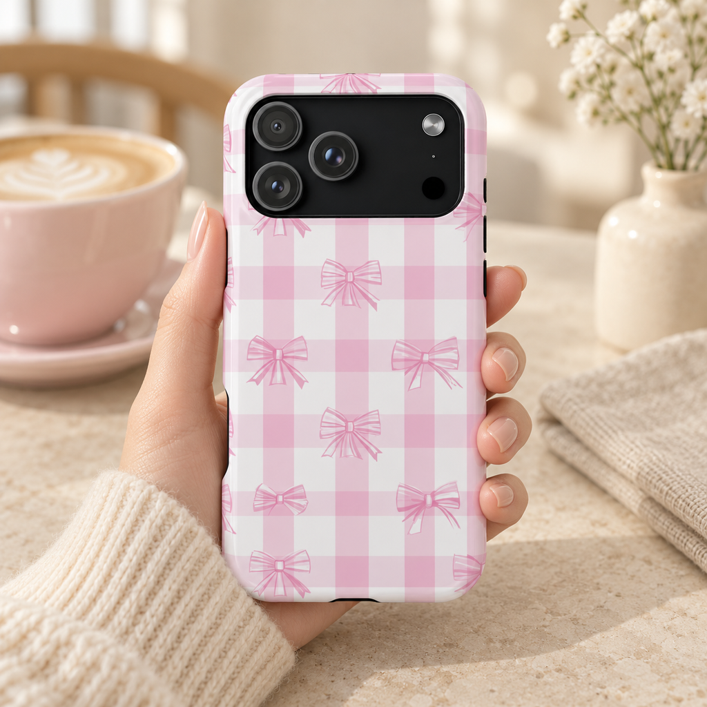 Pink Bow Gingham MagSafe case, soft pink gingham with little pink bows, lifestyle photo in hand with coffee