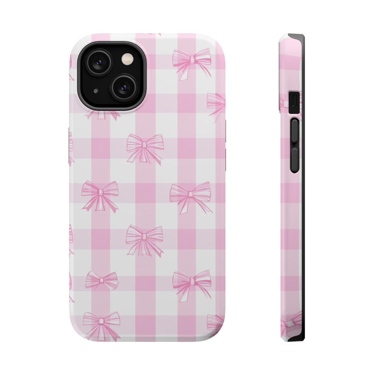 Pink Bow Gingham MagSafe case for iPhone 14, glossy finish