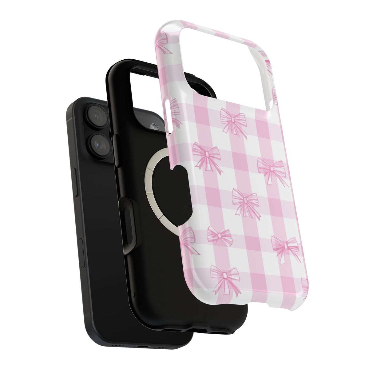 Pink Bow Gingham MagSafe case, close-up of the dual-layer construction